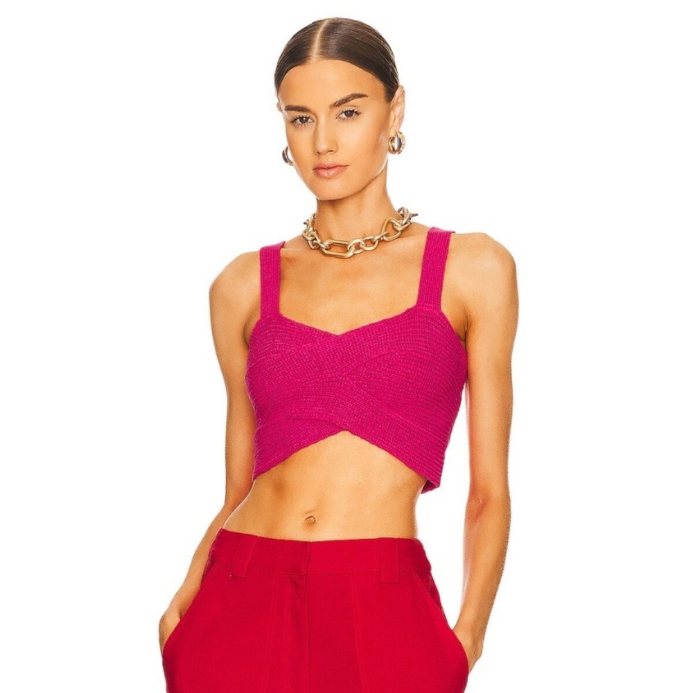 Cult Gaia Brieann Knit Top Qajar Rose Pink Crop Ribbed Wrap Front XS